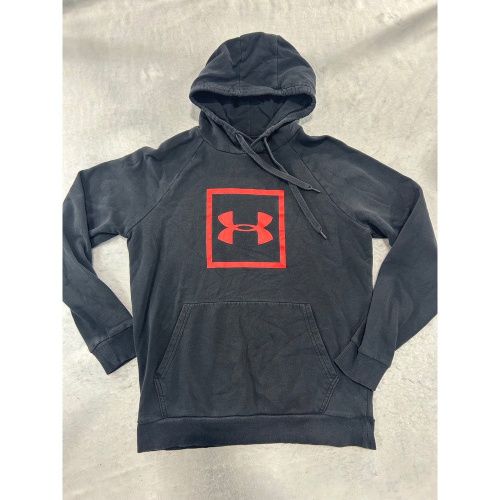 Under Armour Mens Hoodie Black Red Box Logo Pullover Sweatshirt Size Medium
